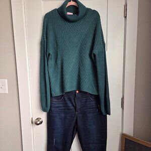 Pink Lily Green Sweater/LOFT Dark Wash Curvy Jeans
